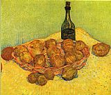 Still life with a bottle of lemons and oranges